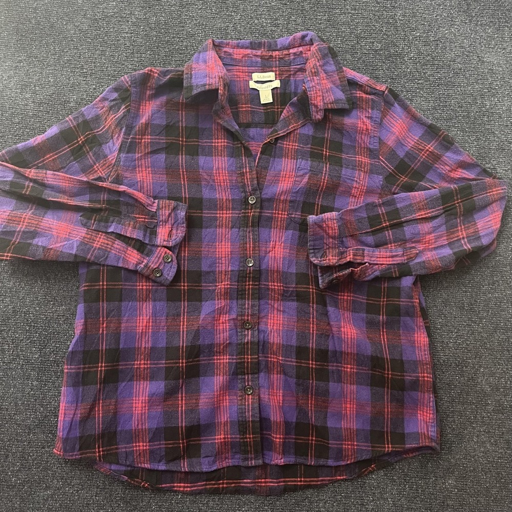 LL Bean Flannel Shirt Women Large Purple Plaid Long Sleeve Button Up Relaxed Fit